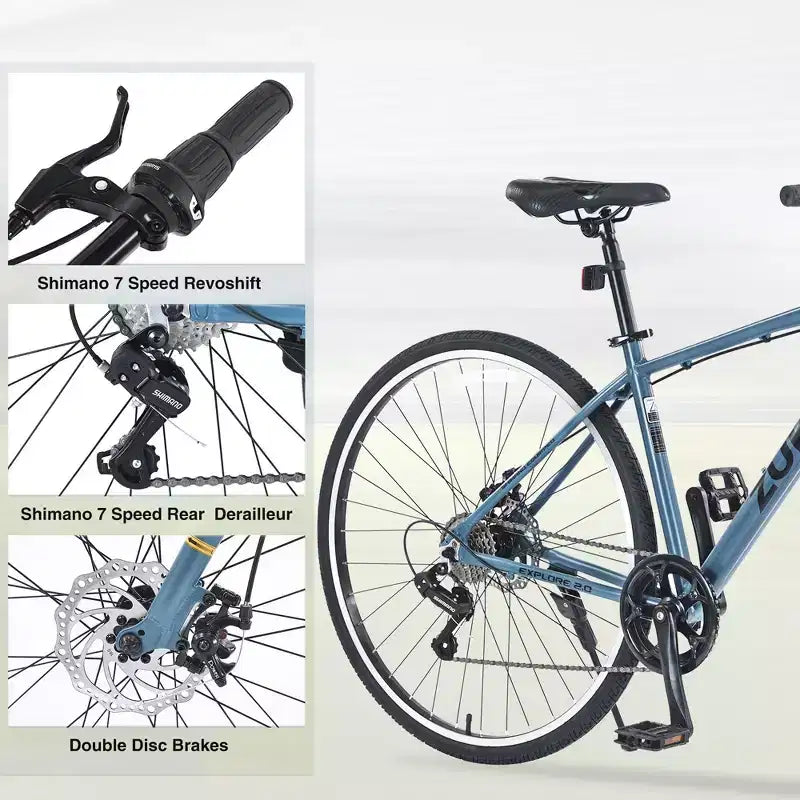 NAYSAYE Bicicleta Híbrida de Montaña de 7 Velocidades, Cuadro de Aluminio, Frenos de Disco Dobles, Bicicletas Para Adultos y Niños, 64.57*25.19*37.79