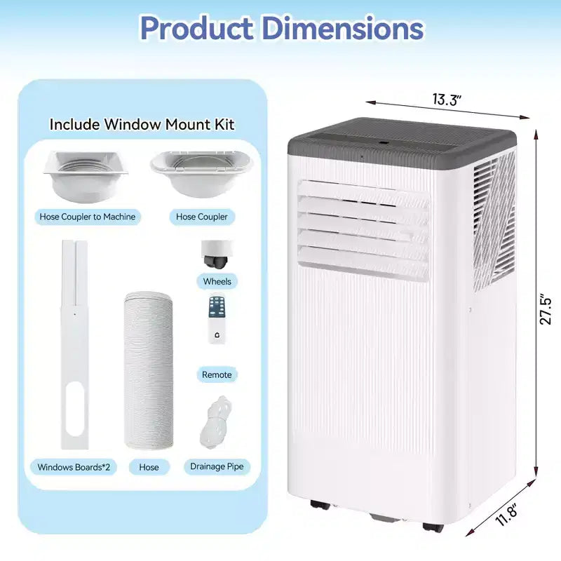 Climatiseur portable 10000 BTU avec roulettes, unité de climatisation portable avec télécommande, climatiseur intérieur pour pièce de 52 m², modes refroidissement/ventilateur/déshumidification