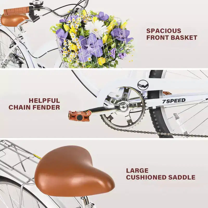 hykolity 26 Bicicleta de cercanías Bicicleta playera Bicicleta urbana Ciclismo 7 velocidades para adultos Cesta delantera Portaequipajes trasero Varios colores