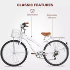 hykolity 26 Bicicleta de cercanías Bicicleta playera Bicicleta urbana Ciclismo 7 velocidades para adultos Cesta delantera Portaequipajes trasero Varios colores