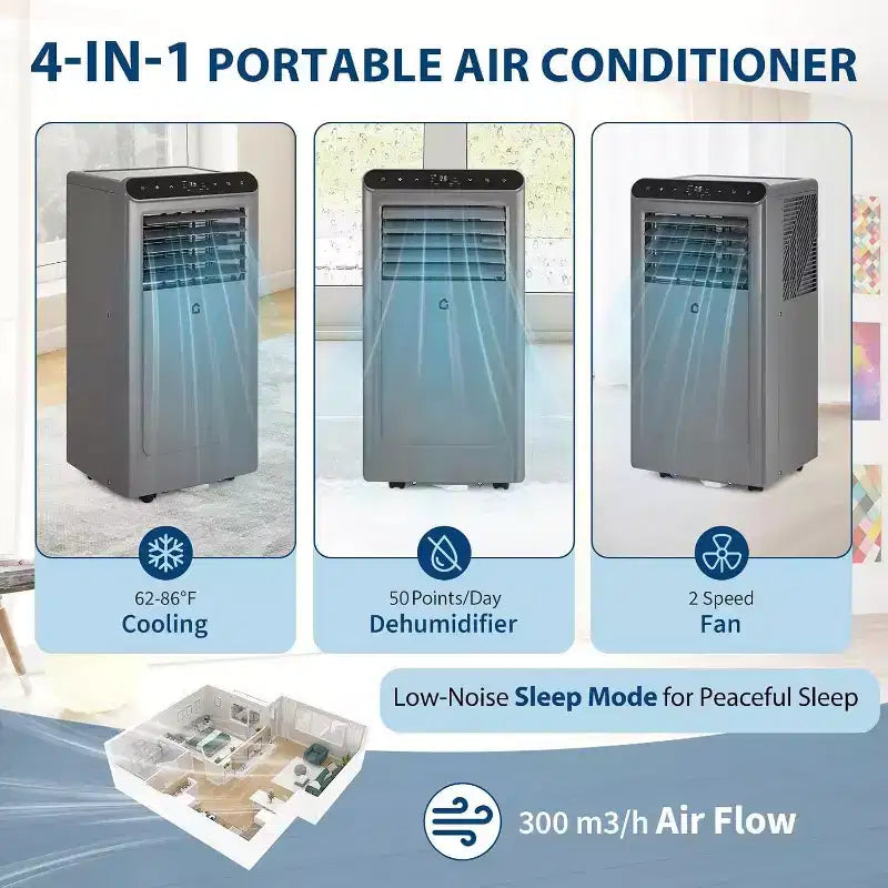 Climatiseur portable Acekool 8 000 BTU, 4 en 1, AC, Déshumidificateur, Ventilateur, Mode veille, Télécommande, Minuteur, Kit de fenêtre, pour pièces jusqu'à 32 m², Gris