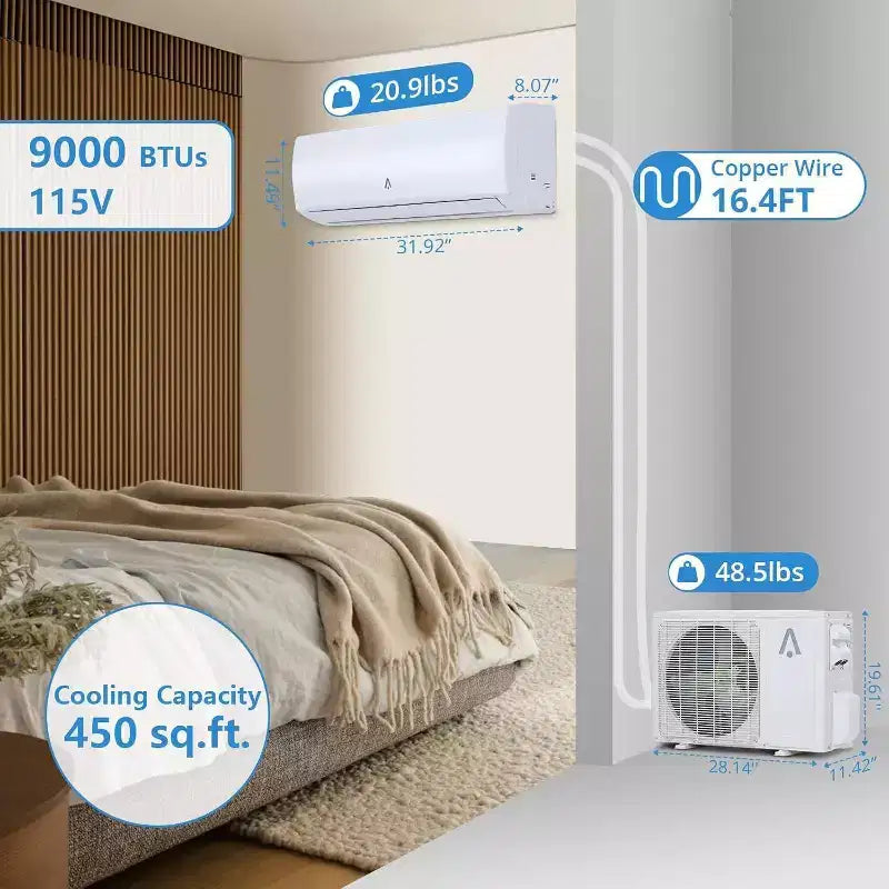 Climatiseur et pompe à chaleur Mini Split Acekool 9000 BTU, Inverter 19 SEER2, WiFi et Alexa, système sans conduit avec kit d'installation pour pièces jusqu'à 42 m²