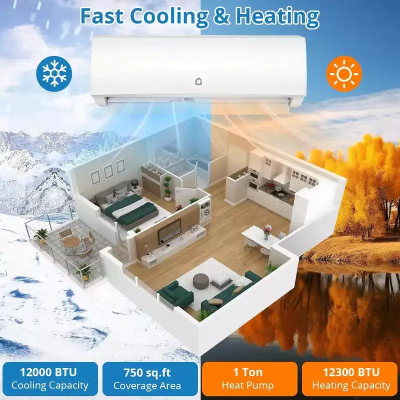 Acekool Aire Acondicionado y Calefactor Mini Split de 9000 BTU, 20 SEER2, con WiFi, Montaje en Pared para Habitaciones de hasta 450 Sq.Ft