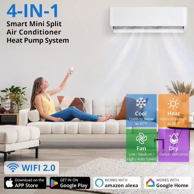 Climatiseur et Chauffage Mini Split Acekool 18000 BTU, 23 SEER2, Climatiseur Mural Sans Conduit avec Pompe à Chaleur, Inverter, WiFi, pour Pièces Jusqu'à 116 m²