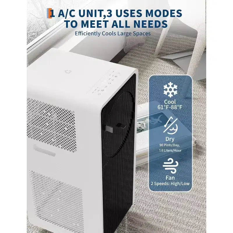 Climatiseur portable Acekool 14 000 BTU, 3-en-1 (climatisation, ventilateur, déshumidificateur), pour pièce jusqu'à 65 m², télécommande, minuterie, mode veille, noir+blanc