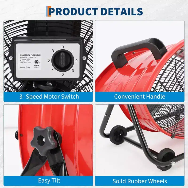 Ventilador de Piso, Ventilador Industrial - Ventilador de Tambor de 24 Pulgadas de Alta Resistencia con 4 Velocidades, Circulador de Aire de Metal para Almacén, Taller, Garaje, Fábrica, Sótano