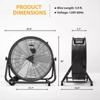 Ventilador de Piso, Ventilador Industrial - Ventilador de Tambor de 24 Pulgadas de Alta Resistencia con 4 Velocidades, Circulador de Aire de Metal para Almacén, Taller, Garaje, Fábrica, Sótano
