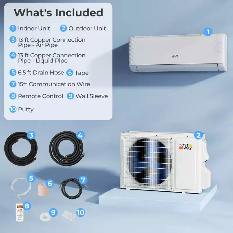 Climatiseur Costway 9100BTU Wifi Mini Split AC 20.5 SEER2 115V Inverter Blanc/Gris