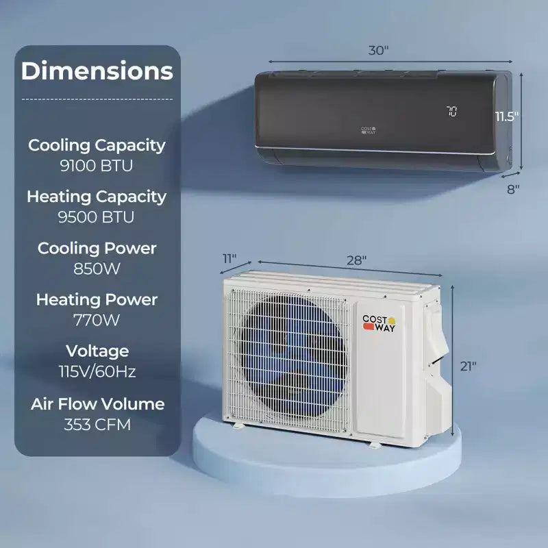 Climatiseur Costway 9100BTU Wifi Mini Split AC 20.5 SEER2 115V Inverter Blanc/Gris