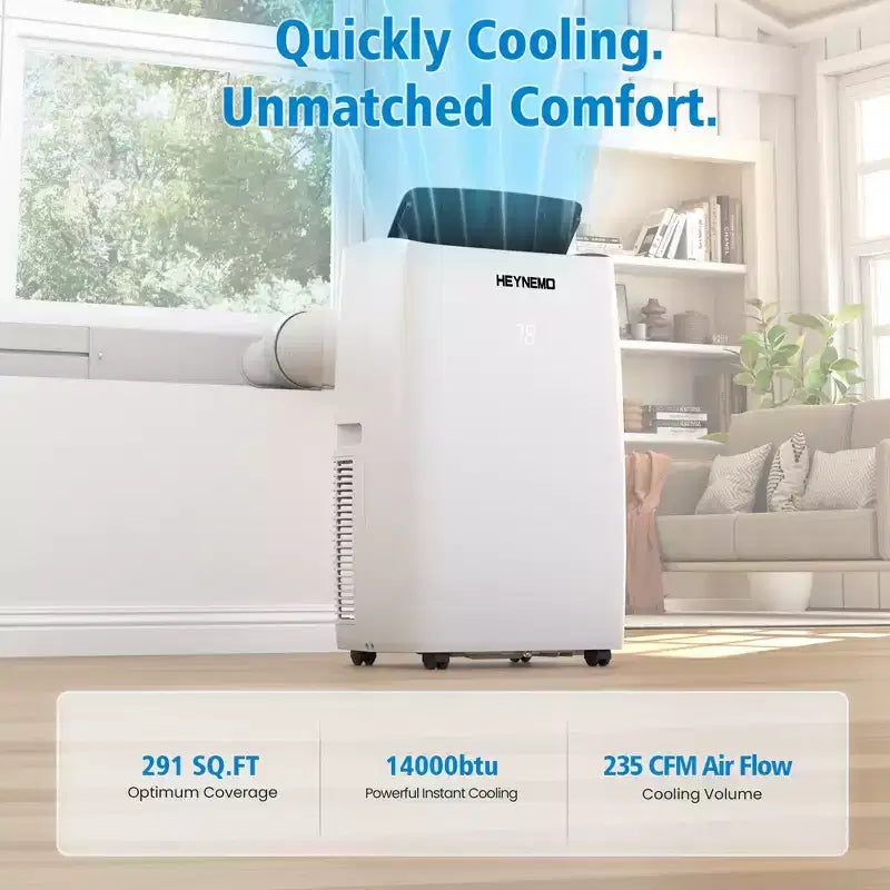 Heynemo Climatiseur portable 3-en-1 de 14 000 BTU avec chauffage, déshumidificateur et ventilateur, contrôle intelligent Wi-Fi, climatiseur silencieux pour chambre et bureau, blanc