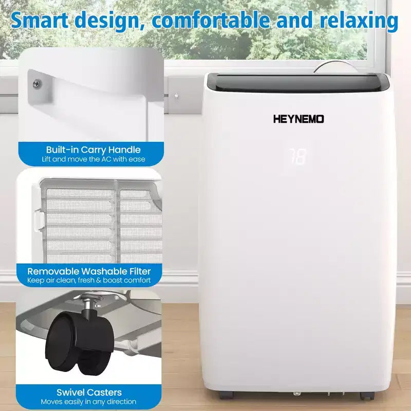 Heynemo Climatiseur portable 3-en-1 de 14 000 BTU avec chauffage, déshumidificateur et ventilateur, contrôle intelligent Wi-Fi, climatiseur silencieux pour chambre et bureau, blanc