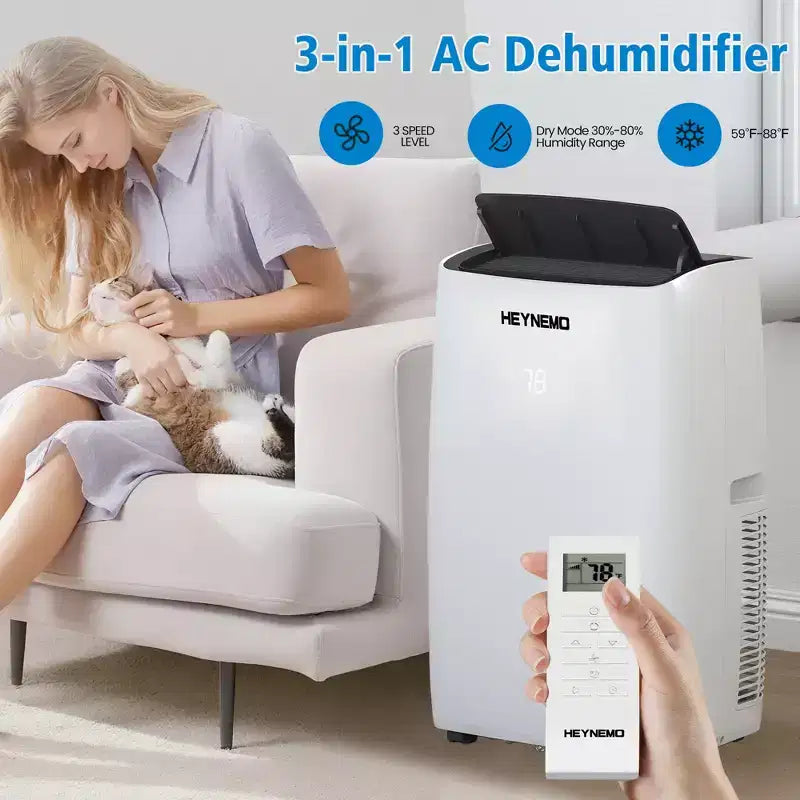 Heynemo Climatiseur portable 3-en-1 de 14 000 BTU avec chauffage, déshumidificateur et ventilateur, contrôle intelligent Wi-Fi, climatiseur silencieux pour chambre et bureau, blanc
