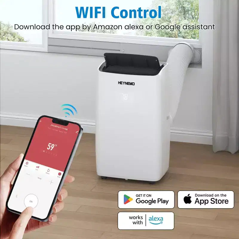 Heynemo Climatiseur portable 3-en-1 de 14 000 BTU avec chauffage, déshumidificateur et ventilateur, contrôle intelligent Wi-Fi, climatiseur silencieux pour chambre et bureau, blanc