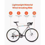Bicicleta de Carretera VEVOR, Bicicleta de Carreras con Ruedas de 700C, Bicicleta de Carretera para Ciudad con Transmisión L-TWOO de 14 Velocidades y Cuadro Ligero de Aleación de Aluminio, Gris