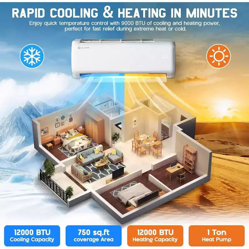 AMERLIFE Aire Acondicionado Mini Split Bomba de Calor, AC Inverter Energy Star con Control Inteligente Wi-Fi