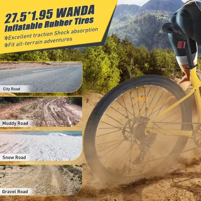 Bicicleta de Montaña NAYSAYE de 27.5 Pulgadas y 8 Velocidades con Suspensión Delantera y Cuadro de Acero para Aventuras en Todo Terreno, Amarillo, 68.5*27.1*40.55