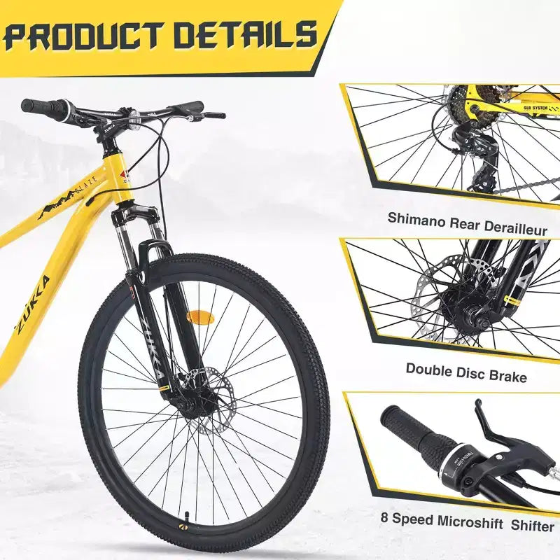 Bicicleta de Montaña NAYSAYE de 27.5 Pulgadas y 8 Velocidades con Suspensión Delantera y Cuadro de Acero para Aventuras en Todo Terreno, Amarillo, 68.5*27.1*40.55