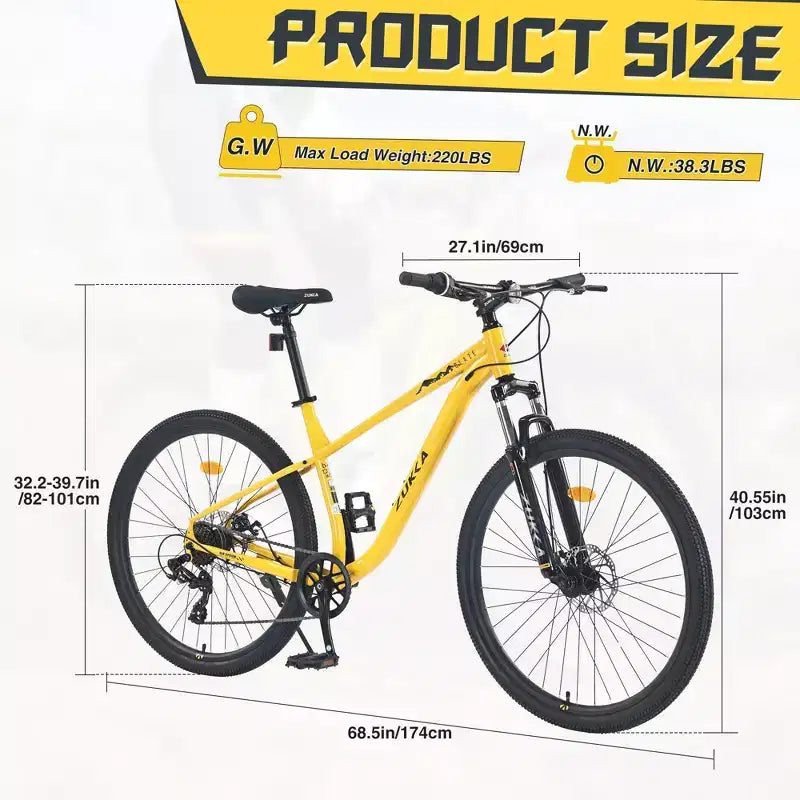 Bicicleta de Montaña NAYSAYE de 27.5 Pulgadas y 8 Velocidades con Suspensión Delantera y Cuadro de Acero para Aventuras en Todo Terreno, Amarillo, 68.5*27.1*40.55