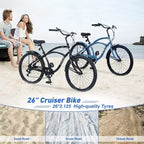 Bicicleta NAYSAYE de crucero de playa de 7 velocidades para mujer, con cuadro de acero de 26 pulgadas para paseos cómodos por la ciudad, azul, 69.96*28.32*43.2