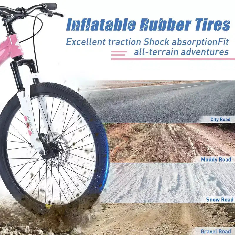 NAYSAYE Bicicleta de montaña con cuadro de acero duradero con suspensión para niños, para ciclismo al aire libre, rosa, 63.78*24.8*37.2