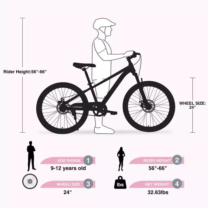 NAYSAYE Bicicleta de montaña con cuadro de acero duradero con suspensión para niños, para ciclismo al aire libre, rosa, 63.78*24.8*37.2
