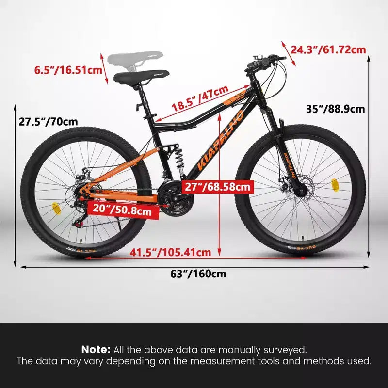 Bicicleta de Montaña NAYSAYE de 26 Pulgadas, Cuadro de Acero, 21 Velocidades con Horquilla de Suspensión y Frenos de Disco para Unisex, Negro y Naranja, 55.91*7.88*28.74