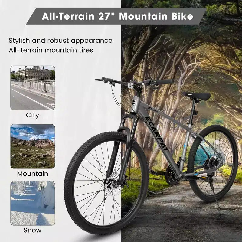 Bicicleta de montaña NAYSAYE de 27 pulgadas y 21 velocidades con horquilla de suspensión y frenos de disco para hombres y mujeres, gris, 70*27*39.5