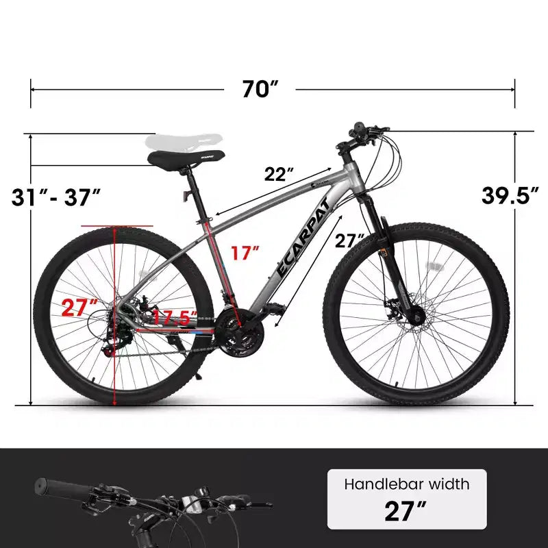 Bicicleta de montaña NAYSAYE de 27 pulgadas y 21 velocidades con horquilla de suspensión y frenos de disco para hombres y mujeres, gris, 70*27*39.5