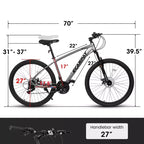 Bicicleta de montaña NAYSAYE de 27 pulgadas y 21 velocidades con horquilla de suspensión y frenos de disco para hombres y mujeres, gris, 70*27*39.5