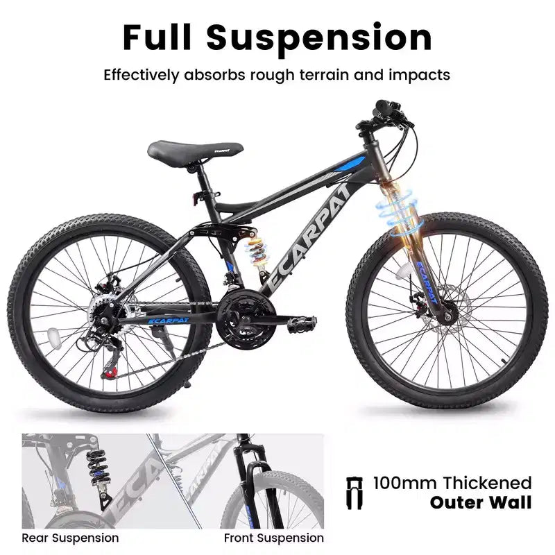 Bicicleta de montaña NAYSAYE de 27.5 pulgadas con suspensión total y 21 velocidades con doble amortiguador para hombres y mujeres, negra, 68.1*27*39.7
