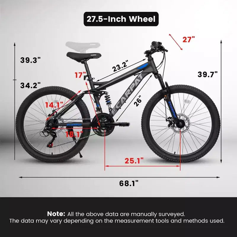 Bicicleta de montaña NAYSAYE de 27.5 pulgadas con suspensión total y 21 velocidades con doble amortiguador para hombres y mujeres, negra, 68.1*27*39.7
