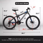 Bicicleta de montaña NAYSAYE de 27.5 pulgadas con suspensión total y 21 velocidades con doble amortiguador para hombres y mujeres, negra, 68.1*27*39.7