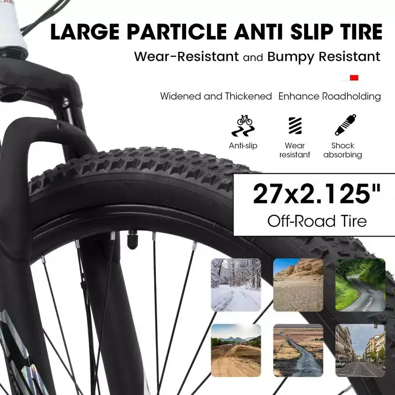 Bicicleta de montaña NAYSAYE de 27 pulgadas con cambio de 21 velocidades, horquilla de suspensión y frenos de disco para hombres y mujeres, color blanco, 53.54*7.68*28.35