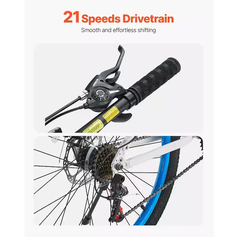 Bicicleta de montaña VEVOR, bicicleta MTB de 26 pulgadas con suspensión doble completa, cambio de giro de 21 velocidades, frenos de disco dobles, cuadro de aleación de aluminio, negro y azul