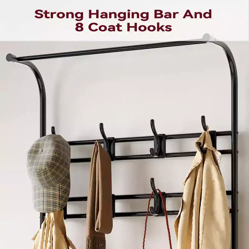 4-in-1 Hall Tree Shoe Bench  Entryway Coat Rack with 8 Hooks for Small Spaces