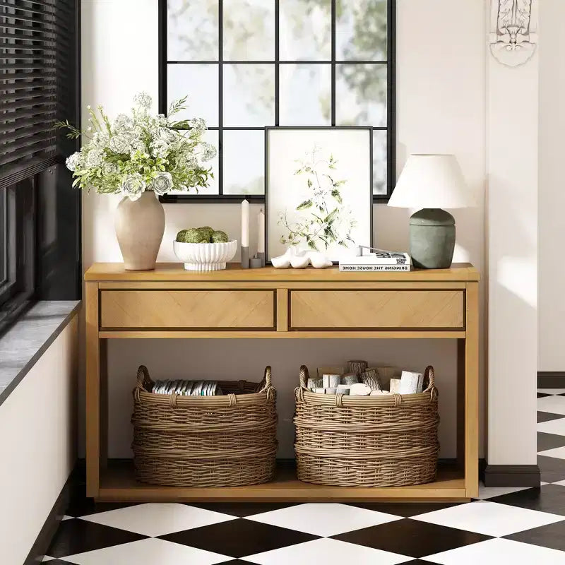 Okak 55IN Rustic Console Table with 2 Drawers, Entryway Table with Open Shelf, Hallway Table for Living Room, Bedroom, Foyer, Natural