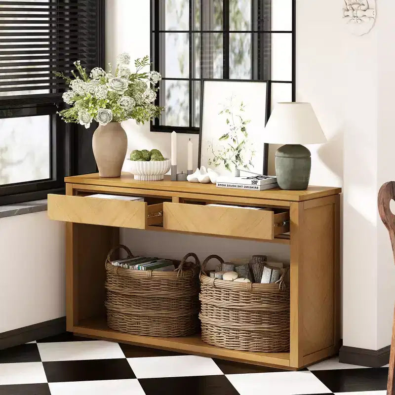 Okak 55IN Rustic Console Table with 2 Drawers, Entryway Table with Open Shelf, Hallway Table for Living Room, Bedroom, Foyer, Natural