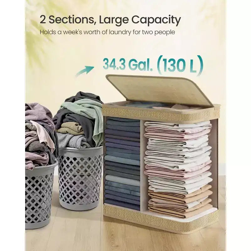 2-Section Laundry Hamper with Removable Washable Bags, 34.3 Gallon Bamboo Storage with Lid, Natural Color
