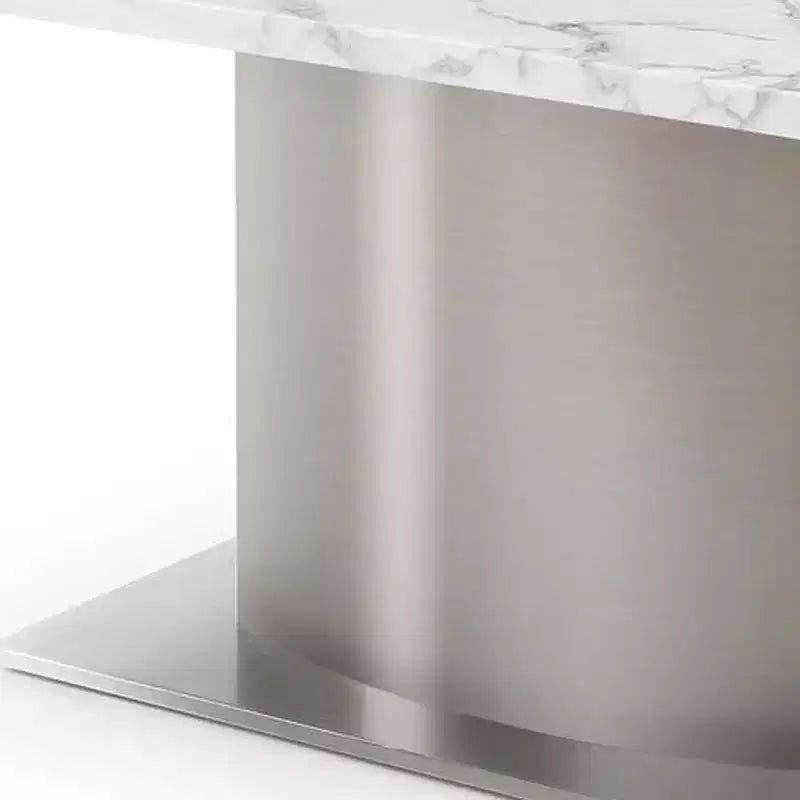 HomeRoots 72 Gray White and Silver Marble and Stainless Steel Pedestal Base Dining Table