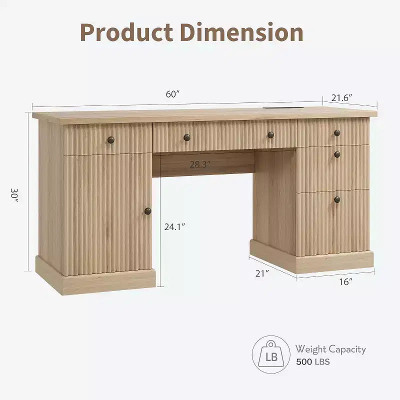 Home Office Desk Storage, 60 Inch Desk with Charging Station and Recessed, Wooden Computer Desk Writing Desk with File Drawer for Study Room