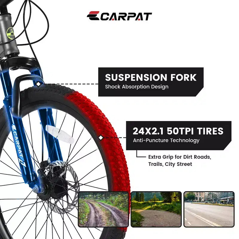 Bicicleta de montaña Zeus y Ruta 24 con 21 velocidades, doble freno de disco, bicicleta con cuadro de acero duradero para niños y niñas
