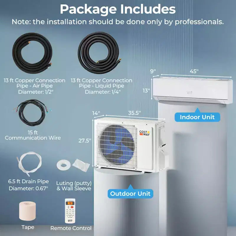 Climatiseur Chauffage Mini Split Costway 24000 BTU avec Kit d'installation de Pompe à Chaleur 2 Tonnes