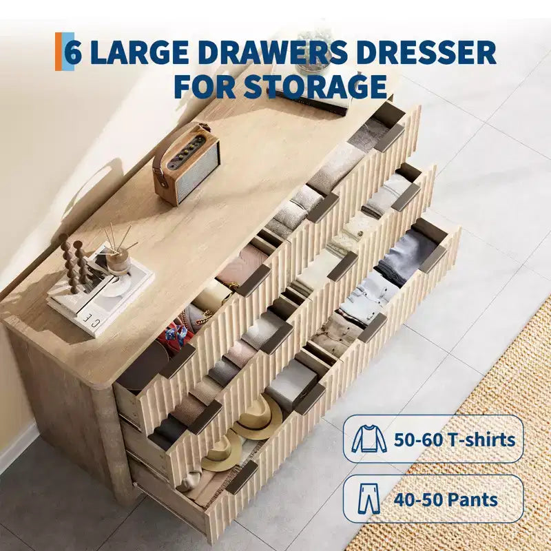 Fluted 6 Drawer Dresser Modern Storage Cabinet with Wide Top Sturdy of Drawers TV Stand Organizer