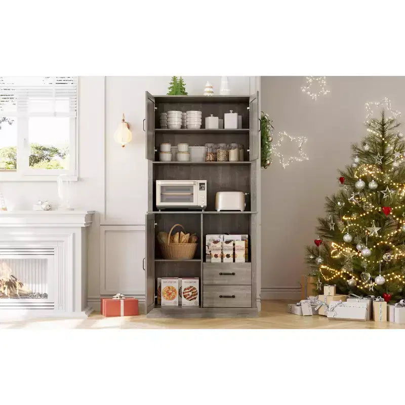 Modern Kitchen Sideboard with Microwave Stand, Tall Wooden Bar Cabinet with Drawers and Adjustable Shelves for Dining and Living Room, Pastoral Grey