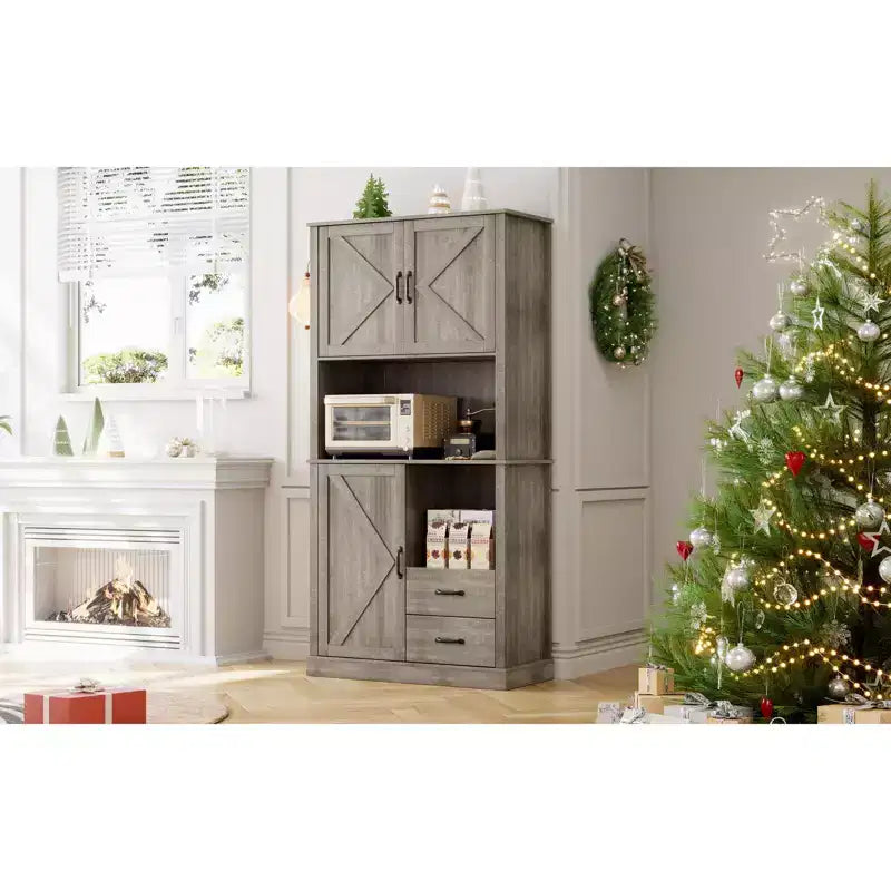 Modern Kitchen Sideboard with Microwave Stand, Tall Wooden Bar Cabinet with Drawers and Adjustable Shelves for Dining and Living Room, Pastoral Grey