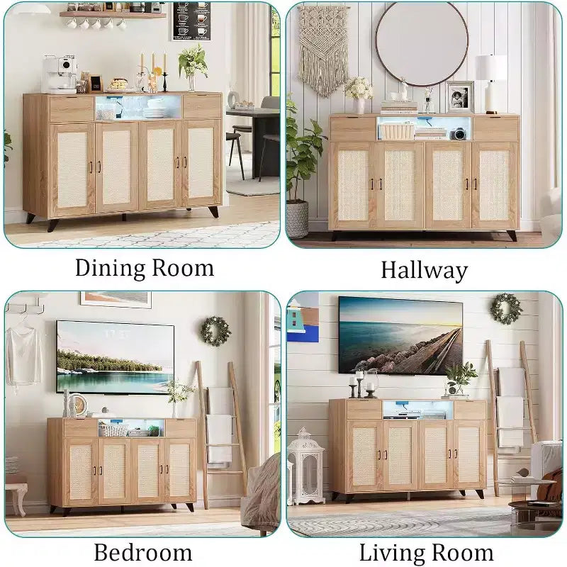 Rattan Sideboard Buffet Cabinet with 2 Drawers Storage, Boho Wooden Sideboard With Charging Station and LED Lights, for Living Room