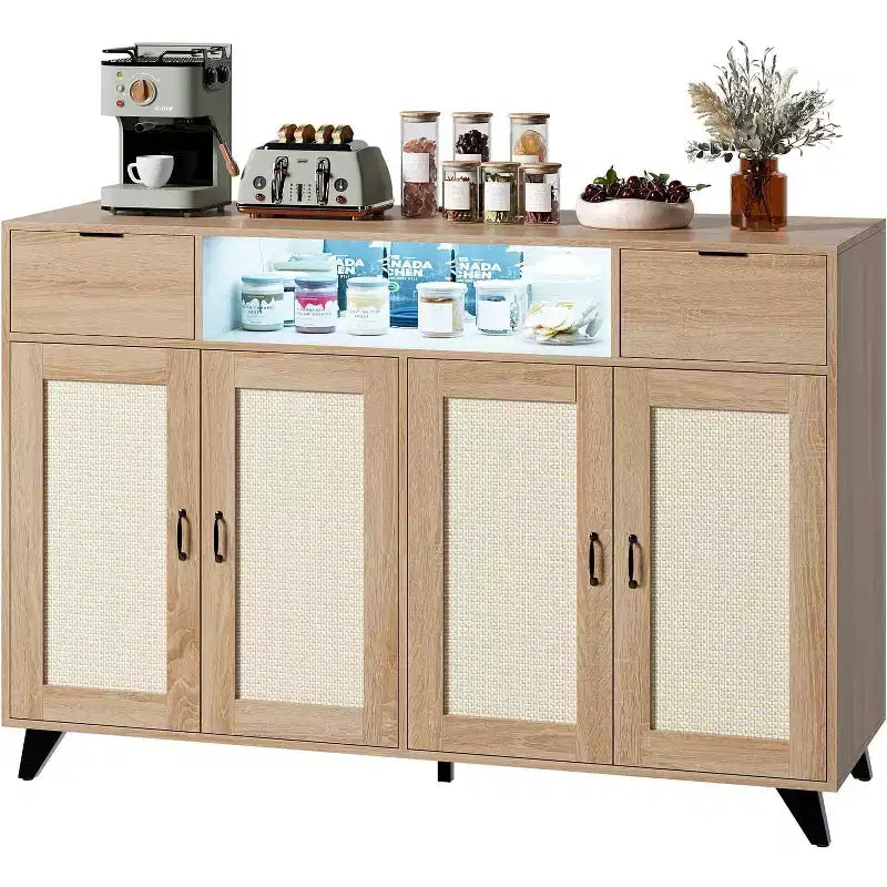 Rattan Sideboard Buffet Cabinet with 2 Drawers Storage, Boho Wooden Sideboard With Charging Station and LED Lights, for Living Room
