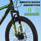 Bicicleta de montaña NAYSAYE de 26 pulgadas, 21 velocidades, frenos de disco, cuadro de acero de alto carbono, bicicletas para adultos para senderismo, negro y verde, 71*25*39.3