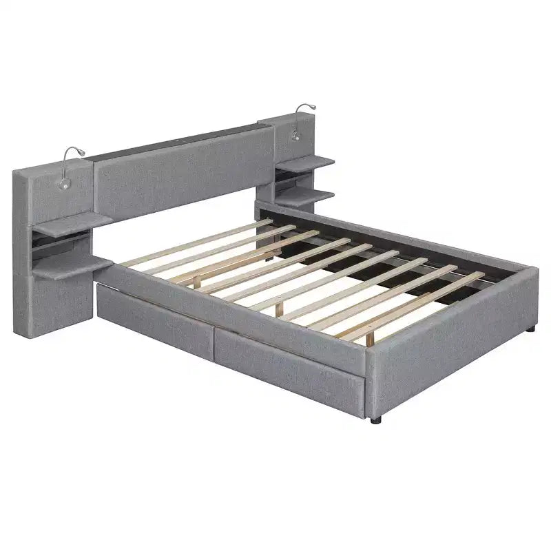 Whisen Upholstered Queen Platform Bed with Storage Drawers, Shelves, Trundle & Reading Lights