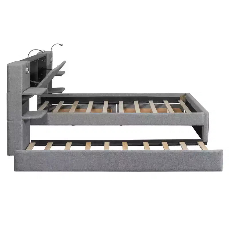 Whisen Upholstered Queen Platform Bed with Storage Drawers, Shelves, Trundle & Reading Lights